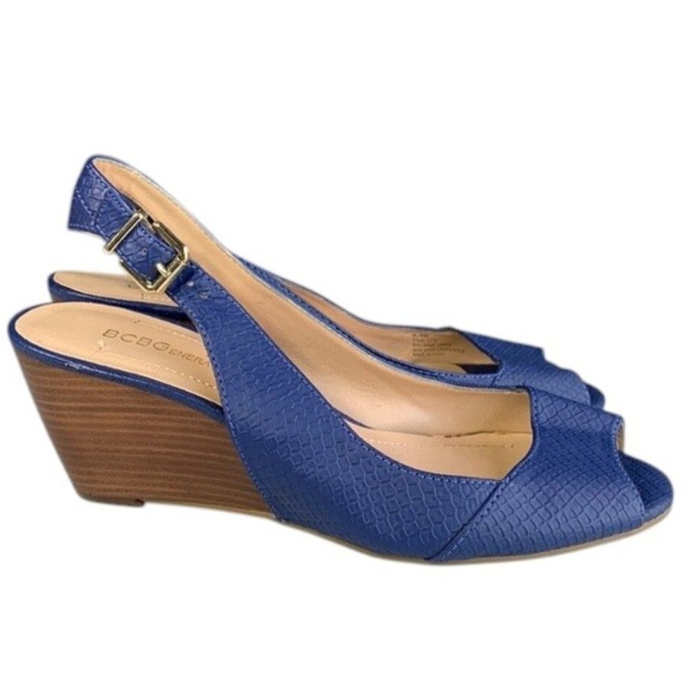 BCBGeneration Peep Toe Slingback Wedge Sandals Womens 7.5 Blue Casual Vacation